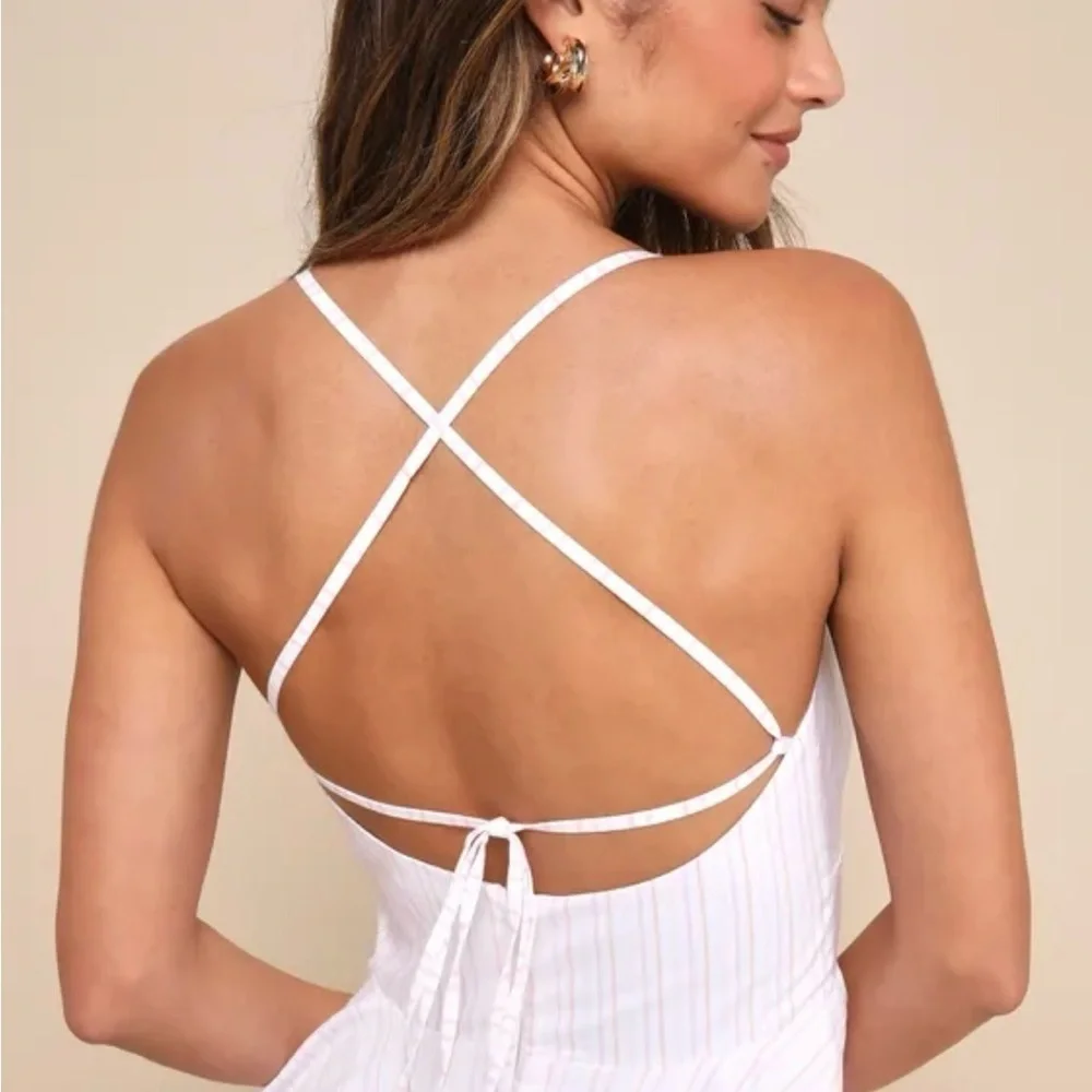 Lulus Ivory and Pink Striped Handkerchief Midi Dress Open Back Womens Size XS - Picture 3 of 3